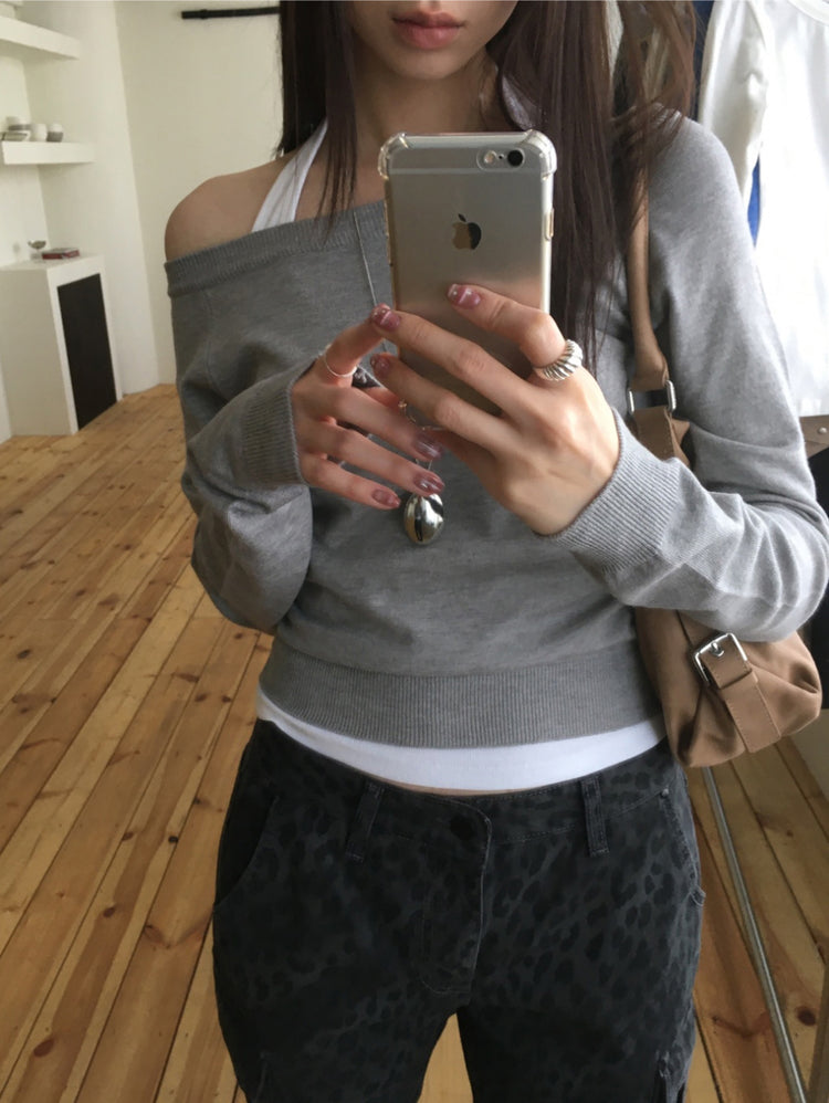 美色露肩修身針織上衣