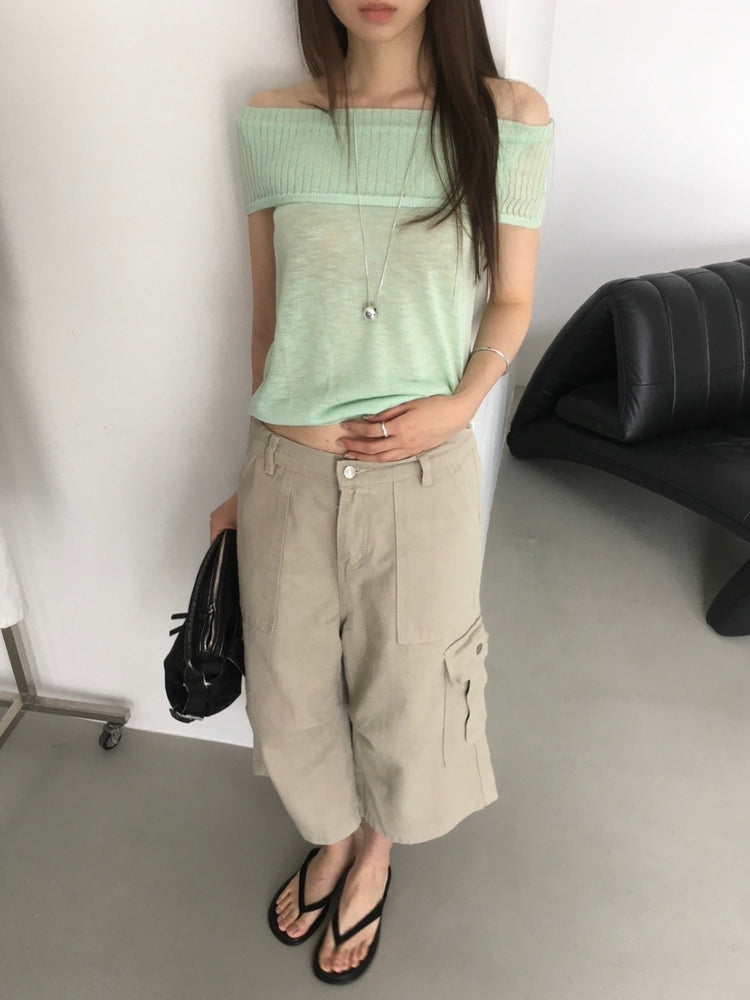 美肩坑紋反折針織上衣