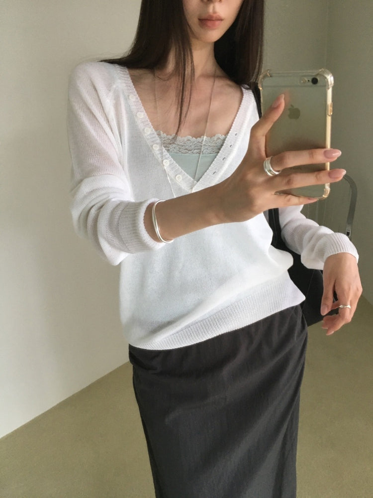 透膚深V鈕釦細節針織上衣