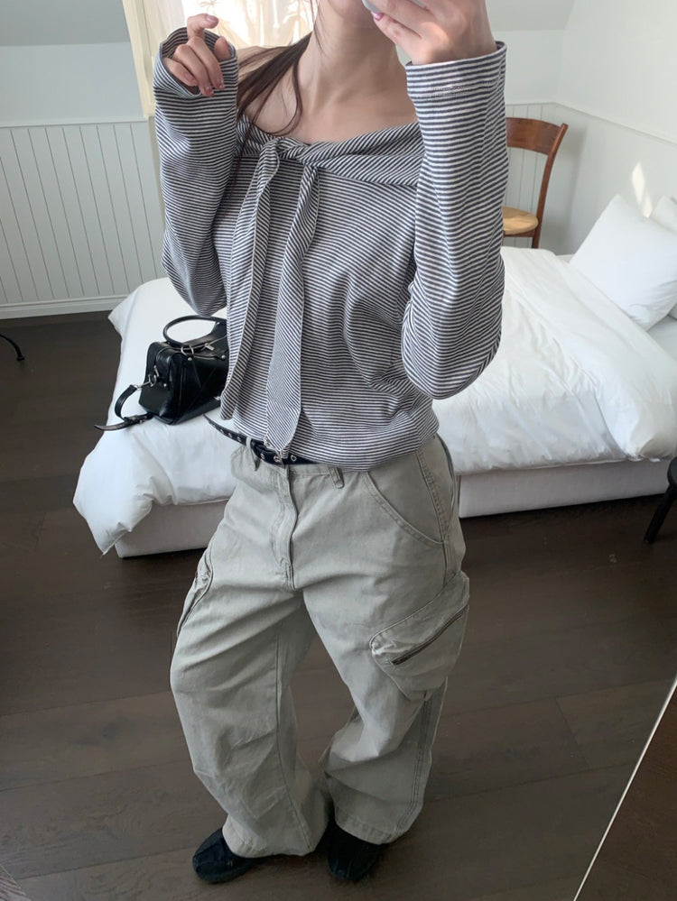 美肩垂帶領結條紋上衣
