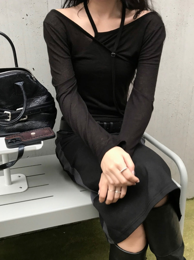天絲微透膚不對稱垂帶設計上衣