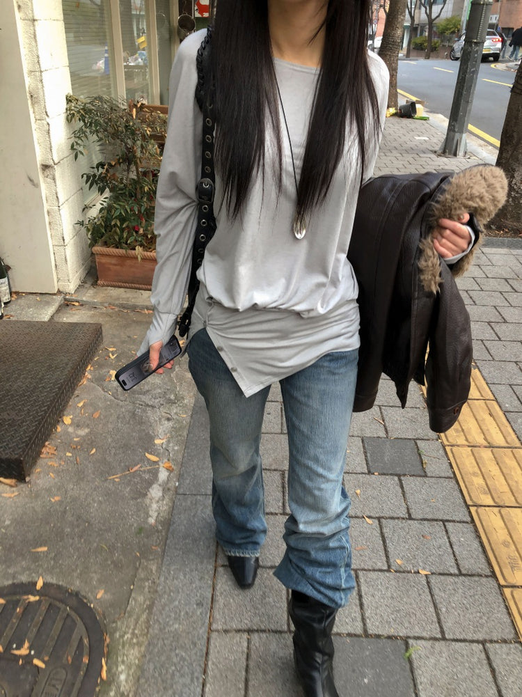 美肩側開叉指扣細節修腰連身裙