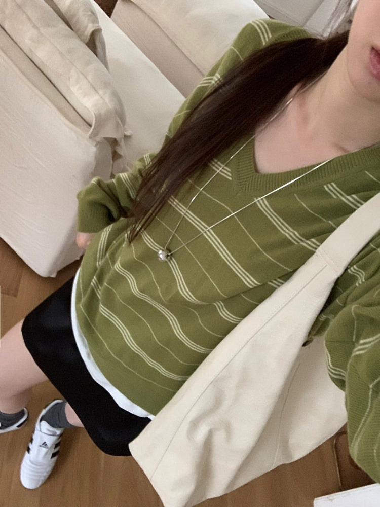 美色V領條紋針織衫