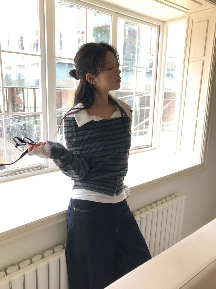 美肩下擺扣鈕細節針織上衣