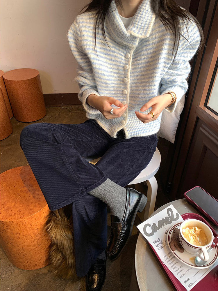 撞色可立領排鈕修腰針織外套