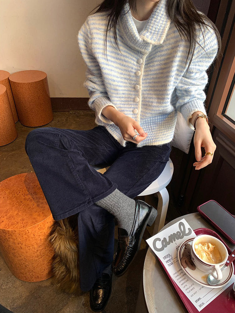 撞色可立領排鈕修腰針織外套