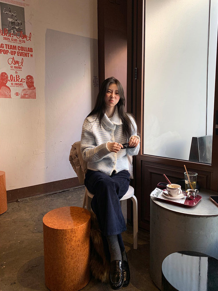 撞色可立領排鈕修腰針織外套