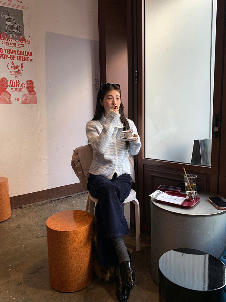 撞色可立領排鈕修腰針織外套