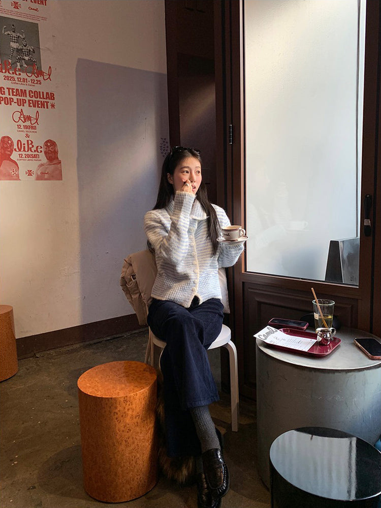 撞色可立領排鈕修腰針織外套