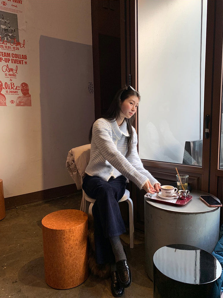 撞色可立領排鈕修腰針織外套