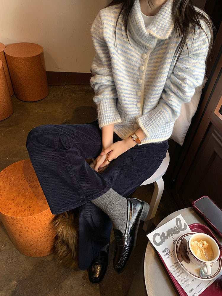 撞色可立領排鈕修腰針織外套