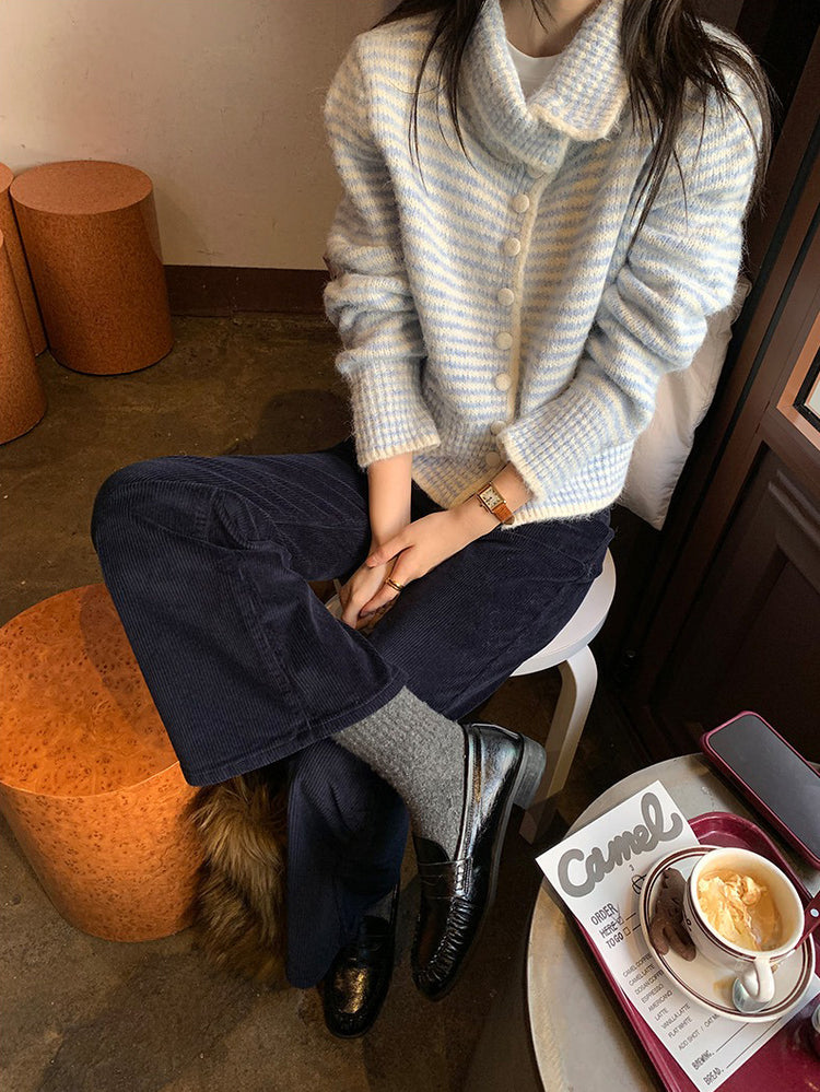 撞色可立領排鈕修腰針織外套