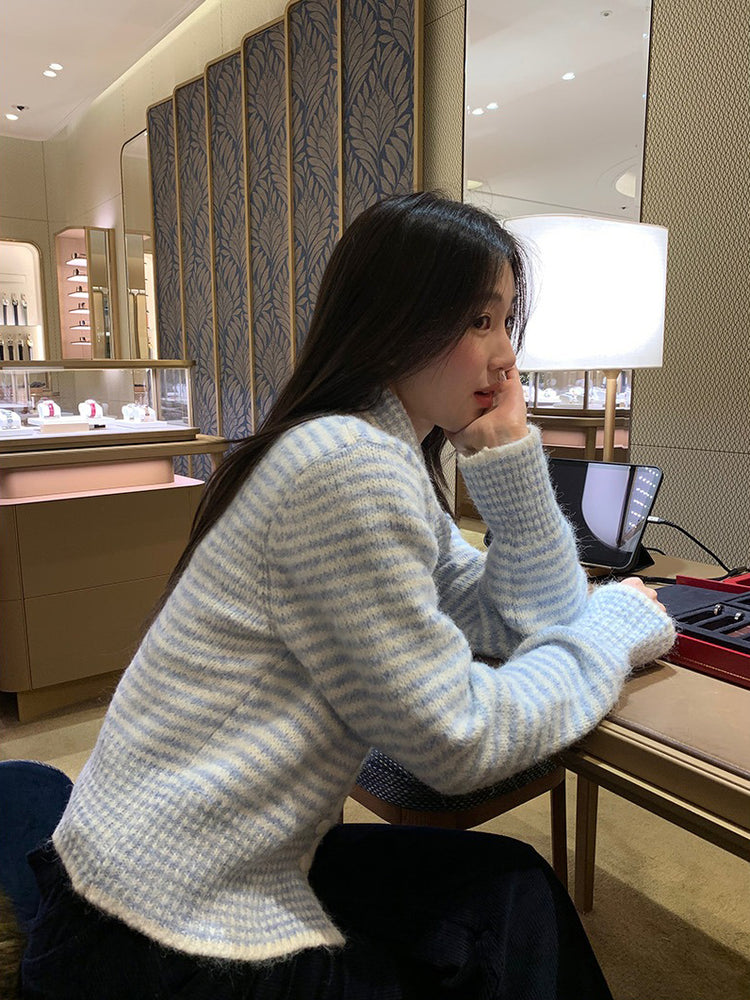 撞色可立領排鈕修腰針織外套