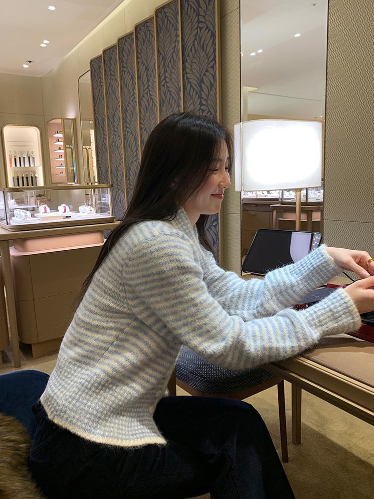 撞色可立領排鈕修腰針織外套