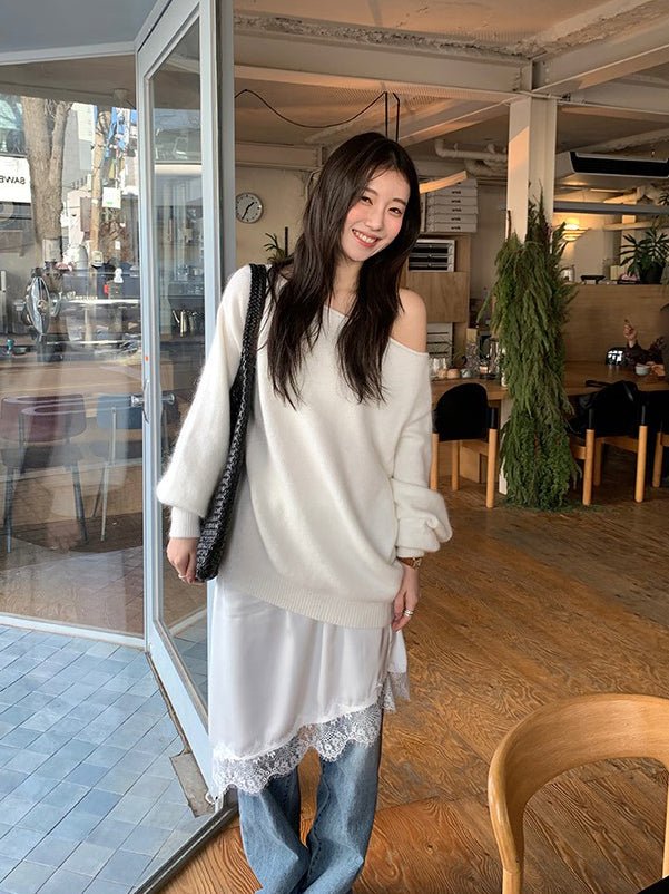 蕾絲邊光澤感不規則下擺裙