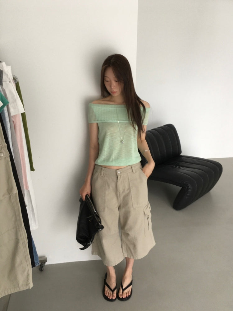 美肩坑紋反折針織上衣