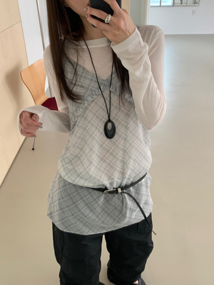 微透格紋荷葉邊細節連身裙