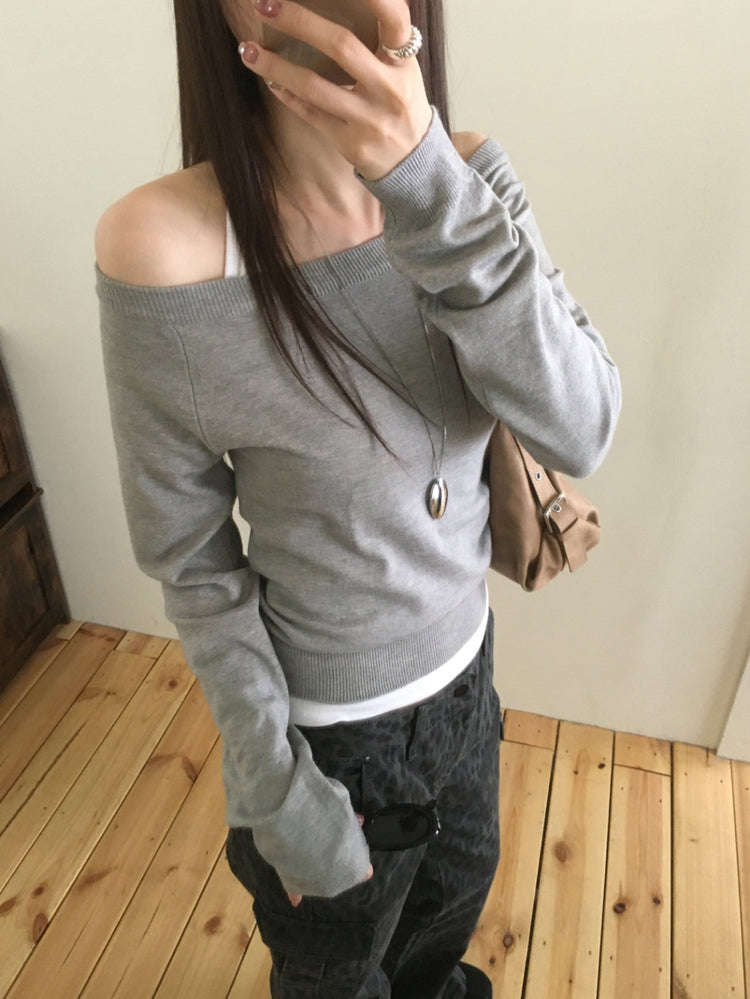 美色露肩修身針織上衣