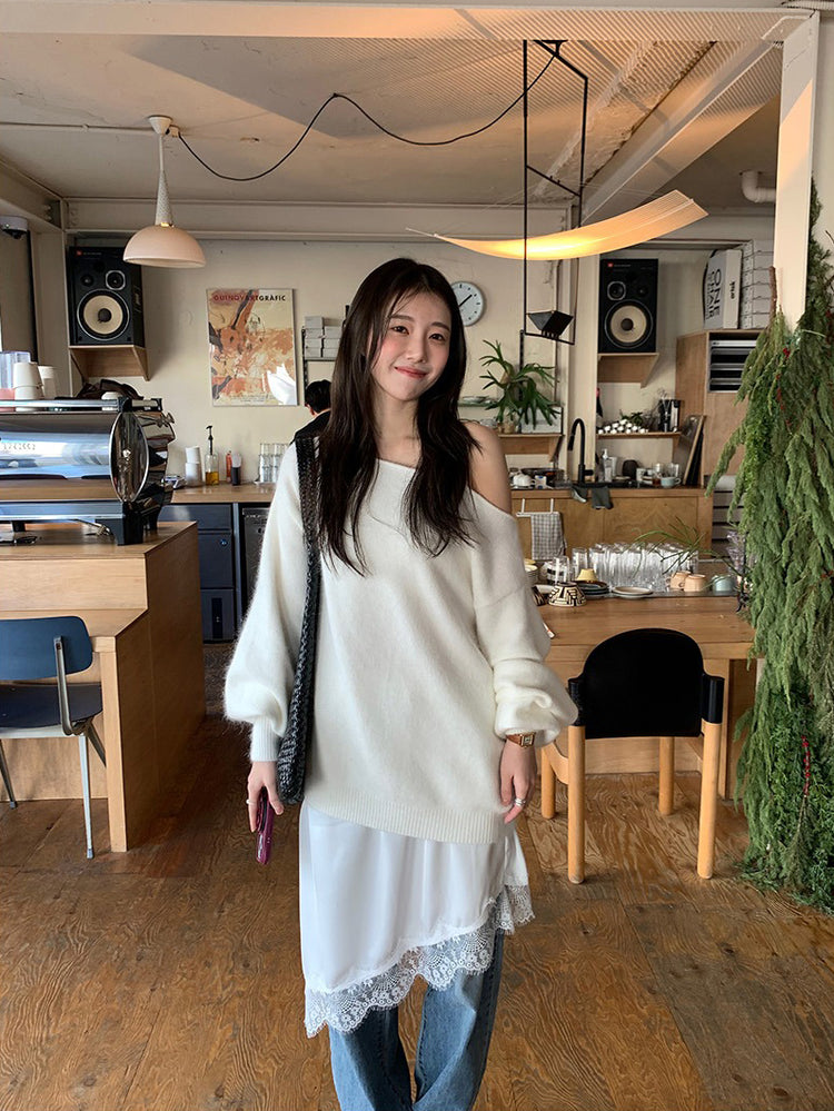 蕾絲邊光澤感不規則下擺裙