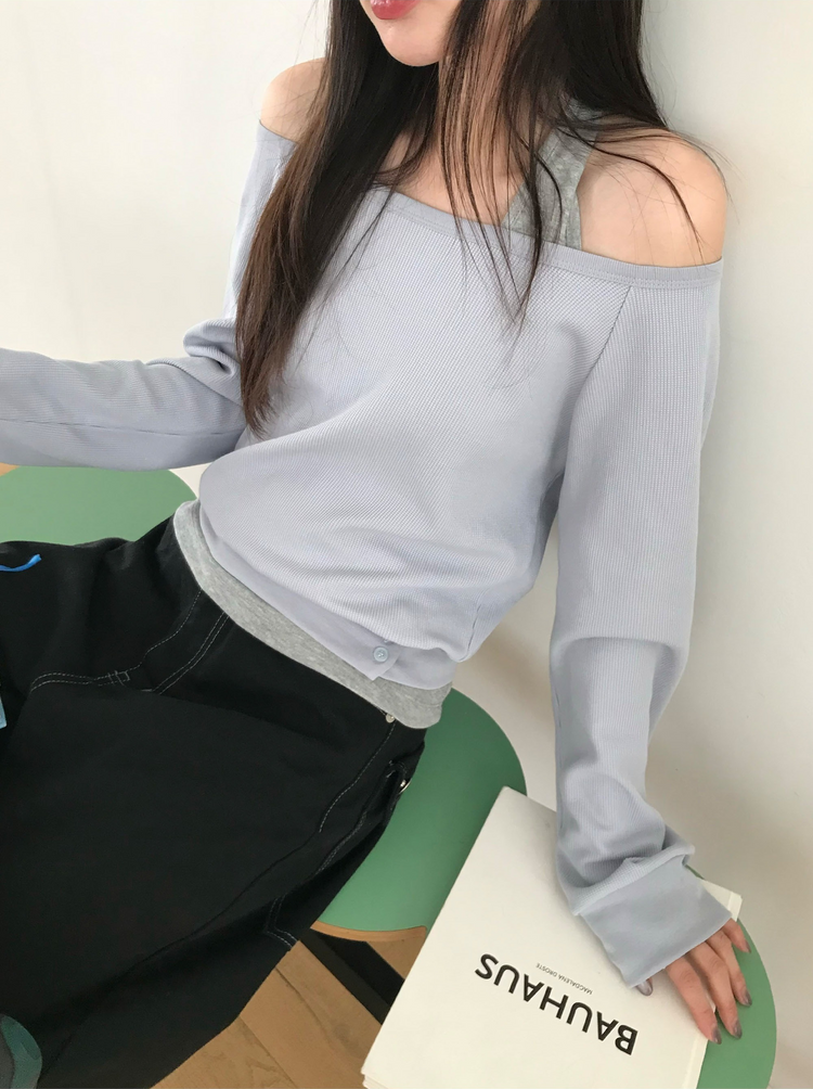 美肩撞色掛脖兩件式上衣