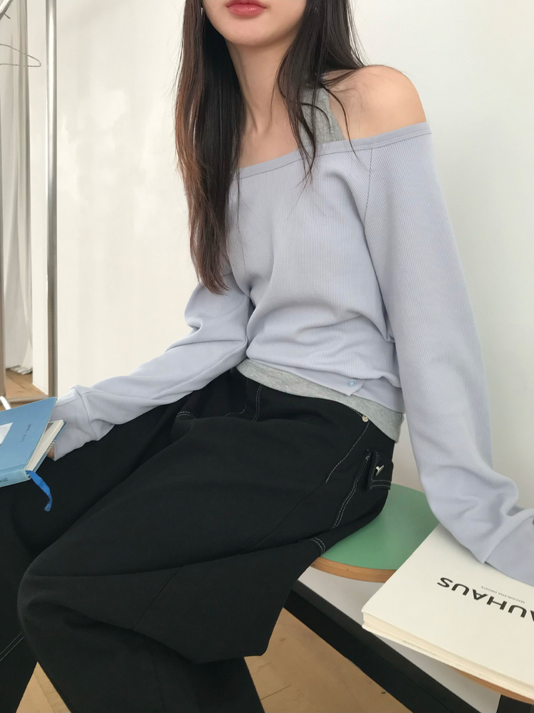 美肩撞色掛脖兩件式上衣