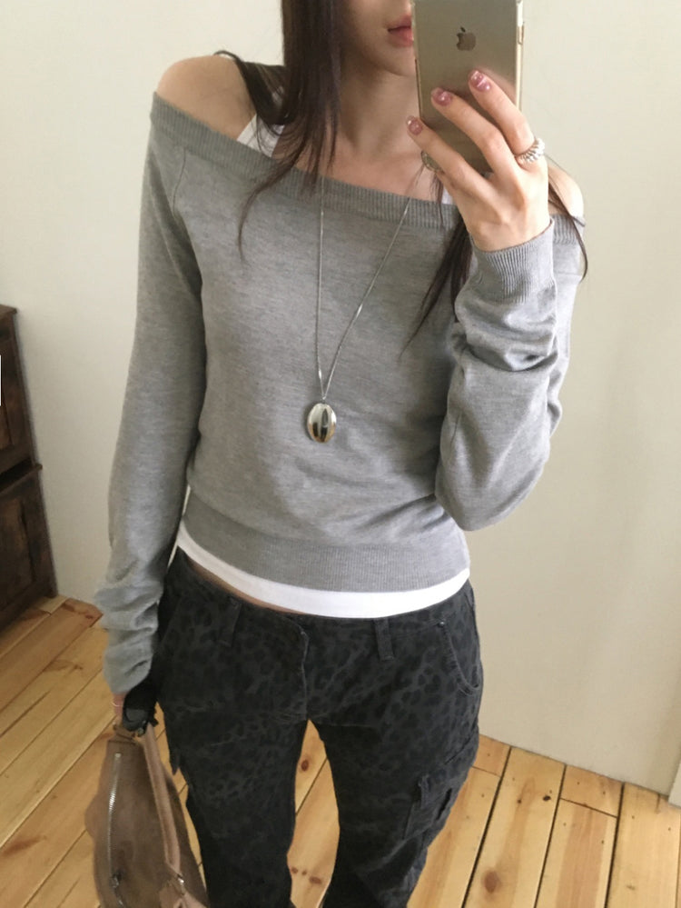 美色露肩修身針織上衣