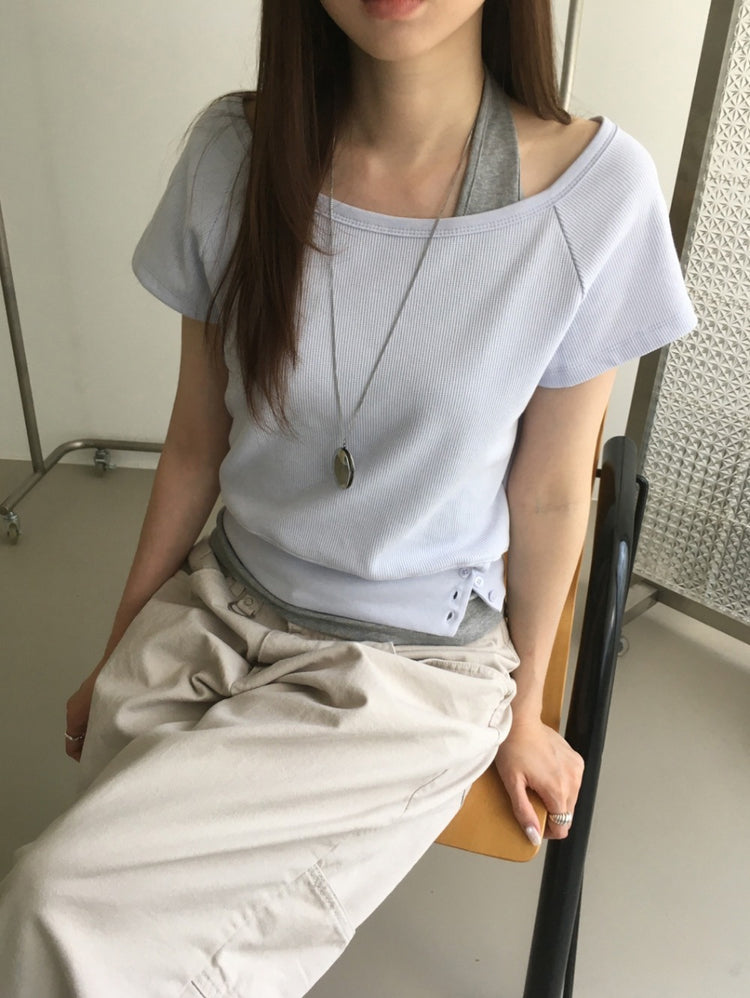 S/S 美肩撞色掛脖兩件式上衣