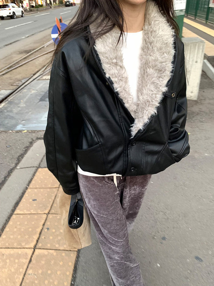 深V毛毛翻領皮外套