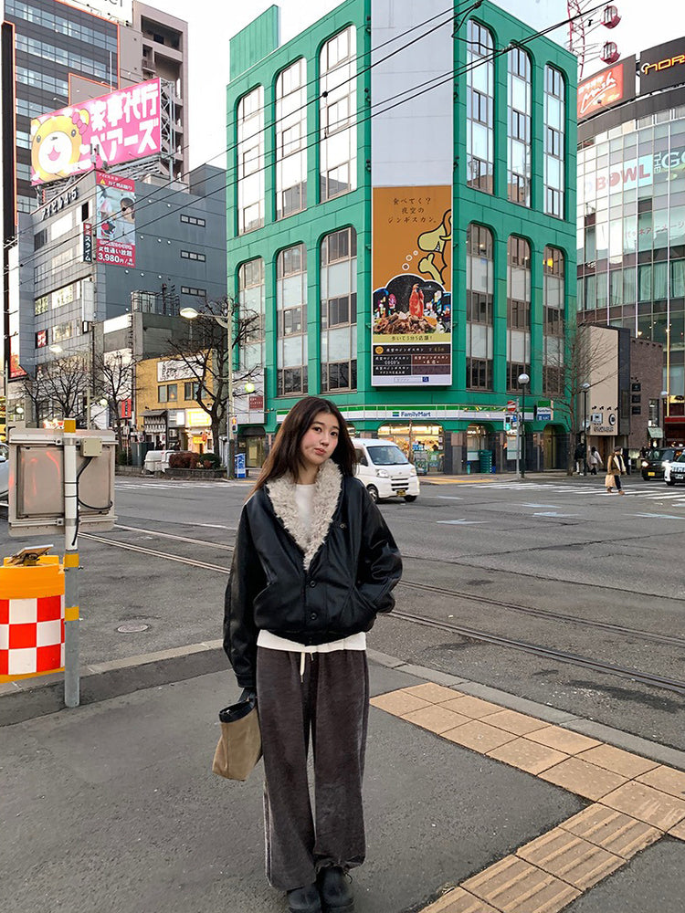 深V毛毛翻領皮外套