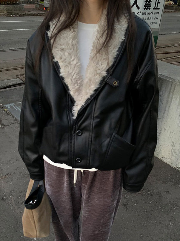 深V毛毛翻領皮外套