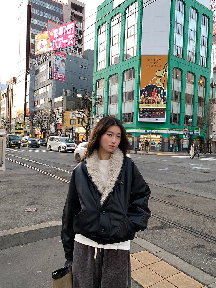 深V毛毛翻領皮外套