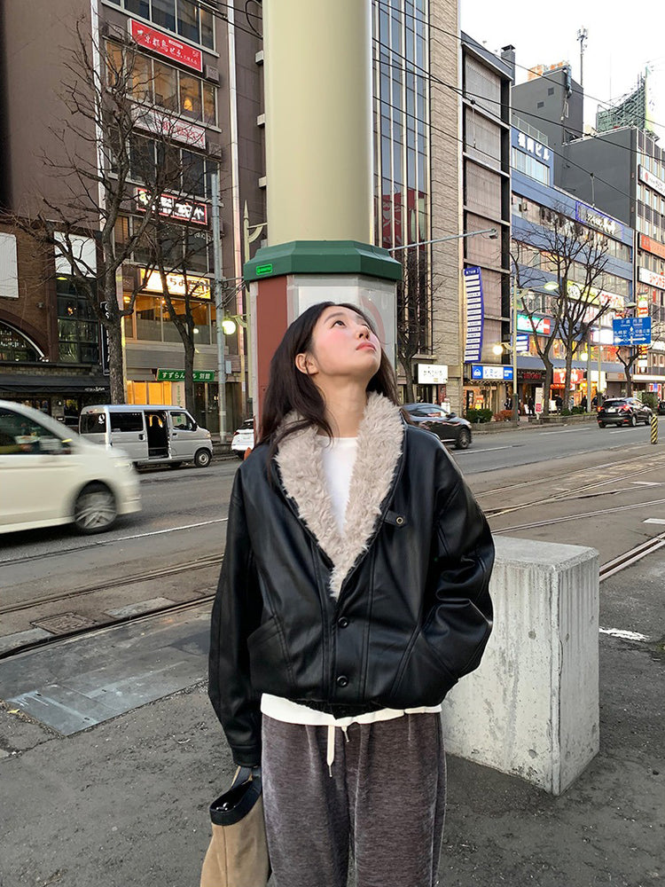 深V毛毛翻領皮外套