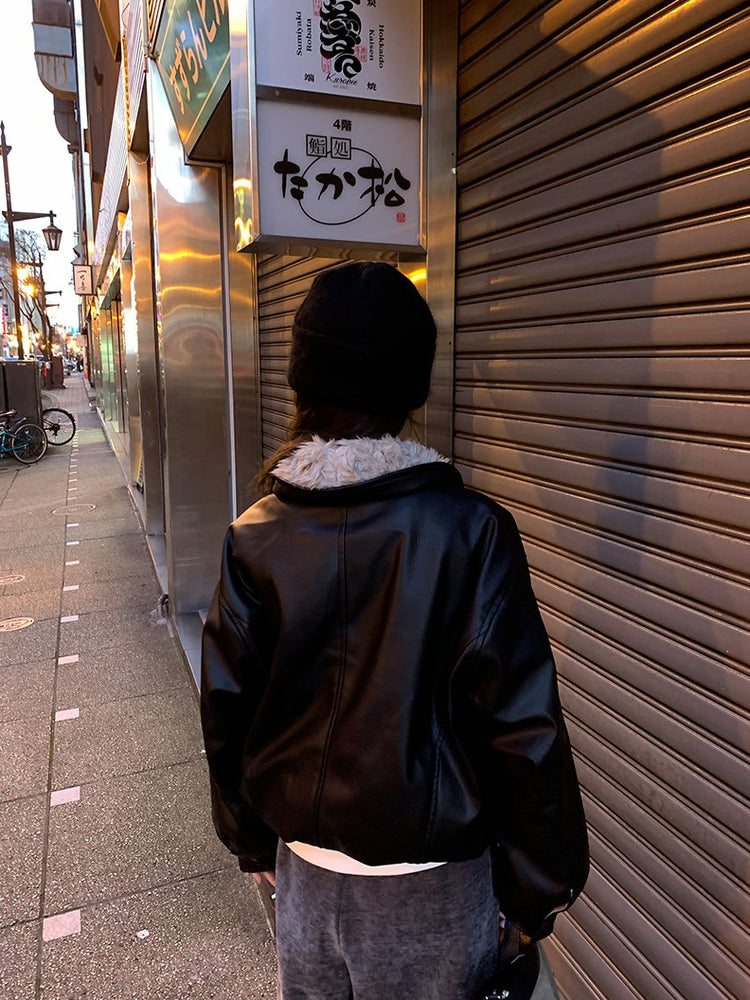 深V毛毛翻領皮外套