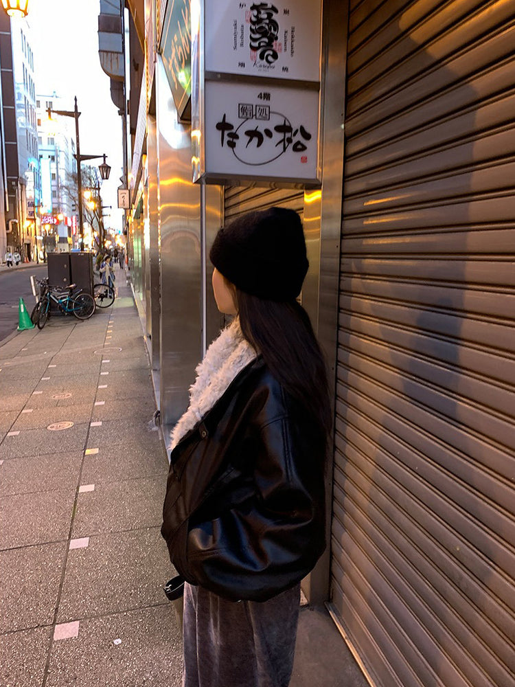 深V毛毛翻領皮外套