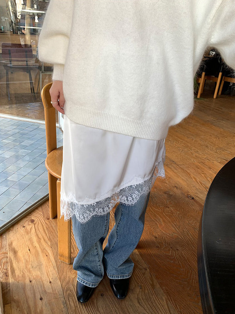 蕾絲邊光澤感不規則下擺裙