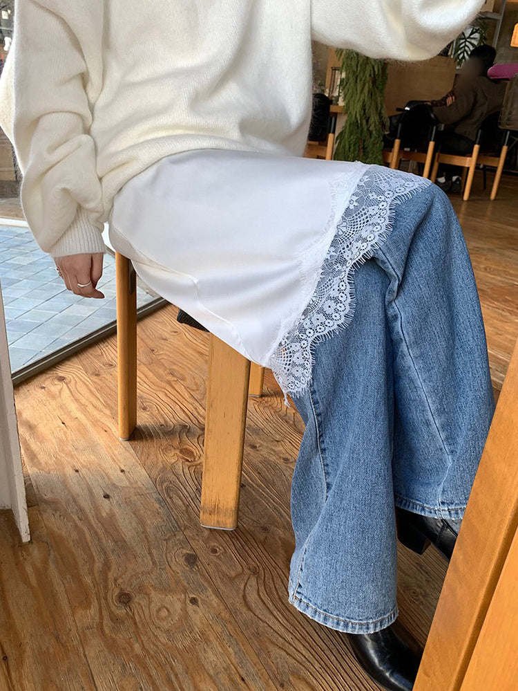 蕾絲邊光澤感不規則下擺裙