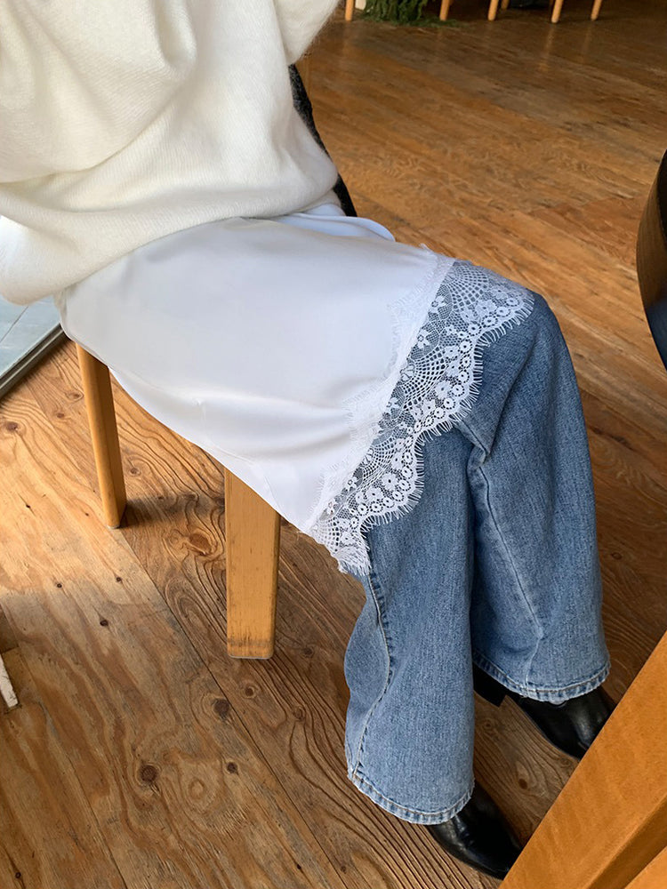 蕾絲邊光澤感不規則下擺裙