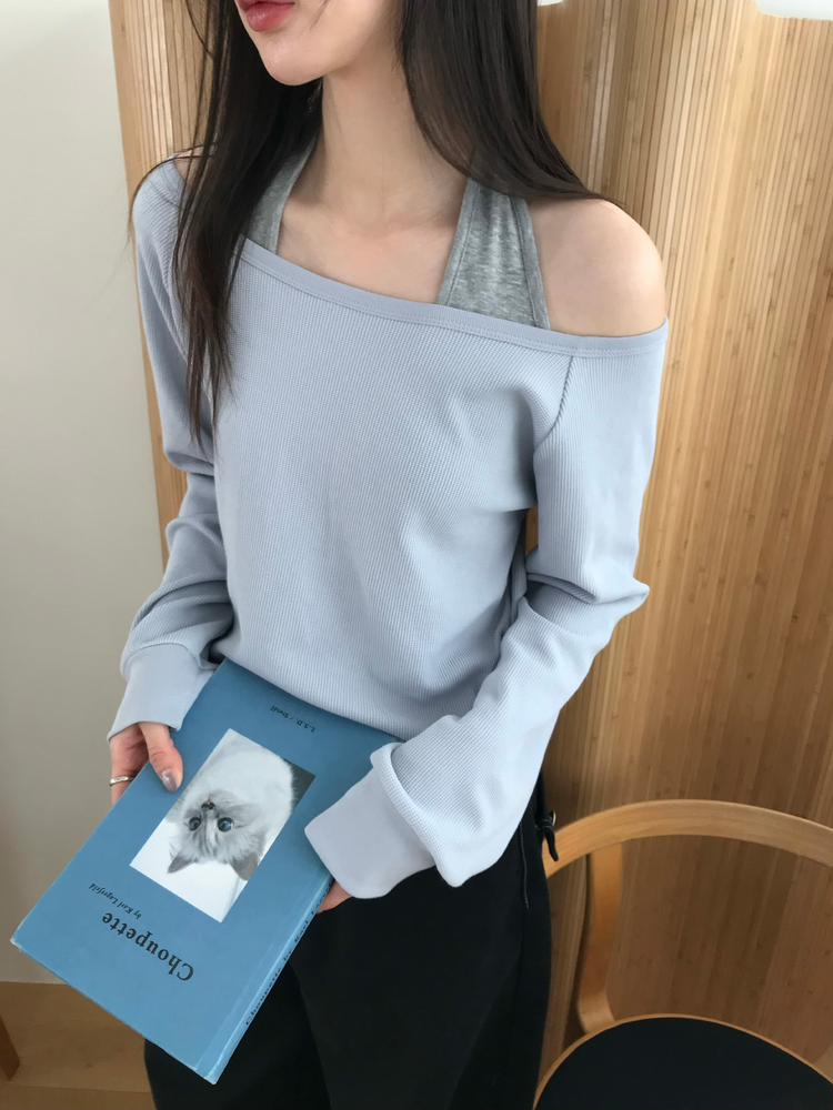 美肩撞色掛脖兩件式上衣