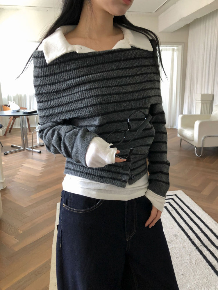 美肩下擺扣鈕細節針織上衣