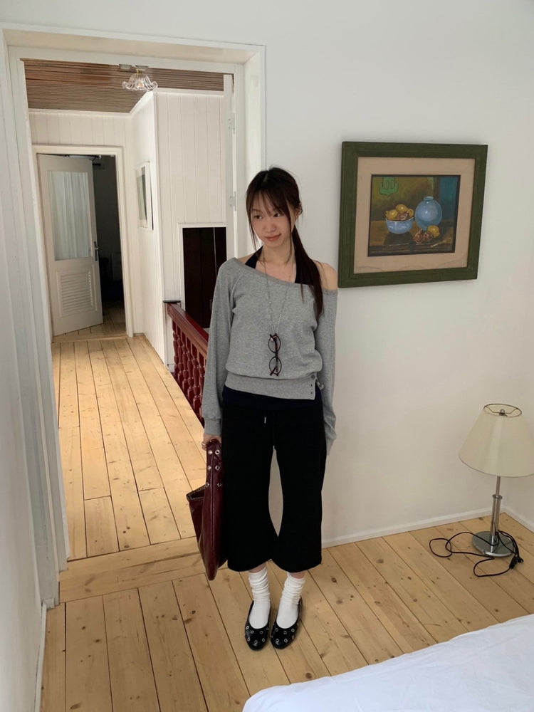 美肩撞色掛脖兩件式上衣