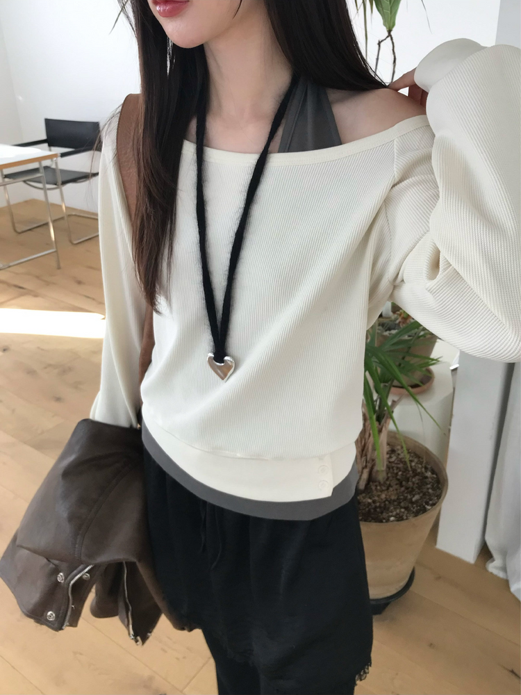 美肩撞色掛脖兩件式上衣
