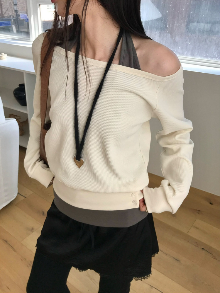美肩撞色掛脖兩件式上衣
