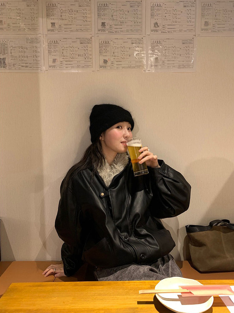 深V毛毛翻領皮外套