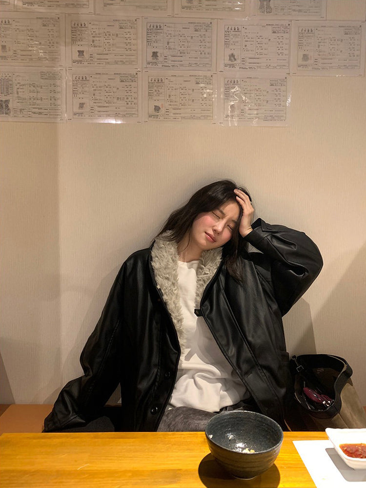 深V毛毛翻領皮外套