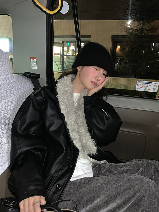 深V毛毛翻領皮外套