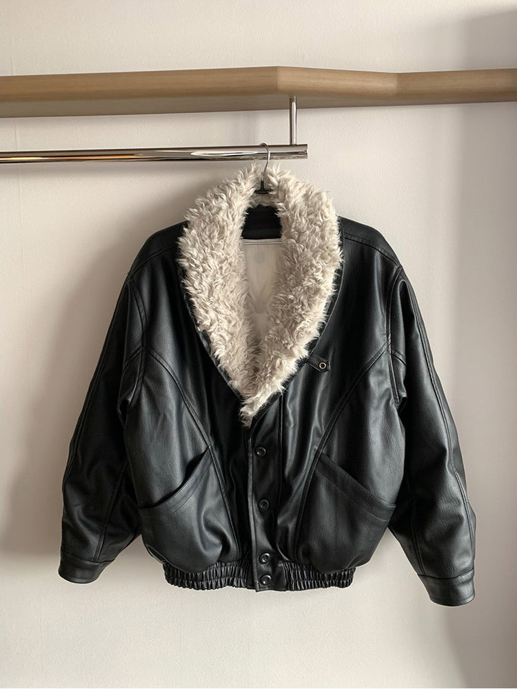 深V毛毛翻領皮外套