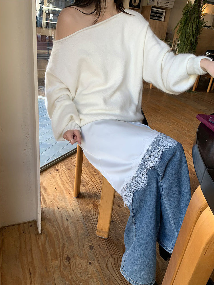 蕾絲邊光澤感不規則下擺裙