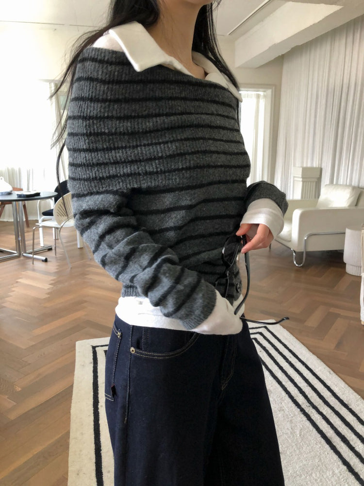 美肩下擺扣鈕細節針織上衣