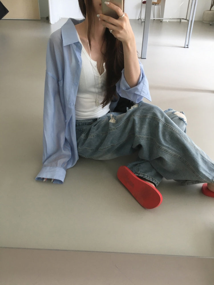 美色透膚背細節寬鬆襯衫