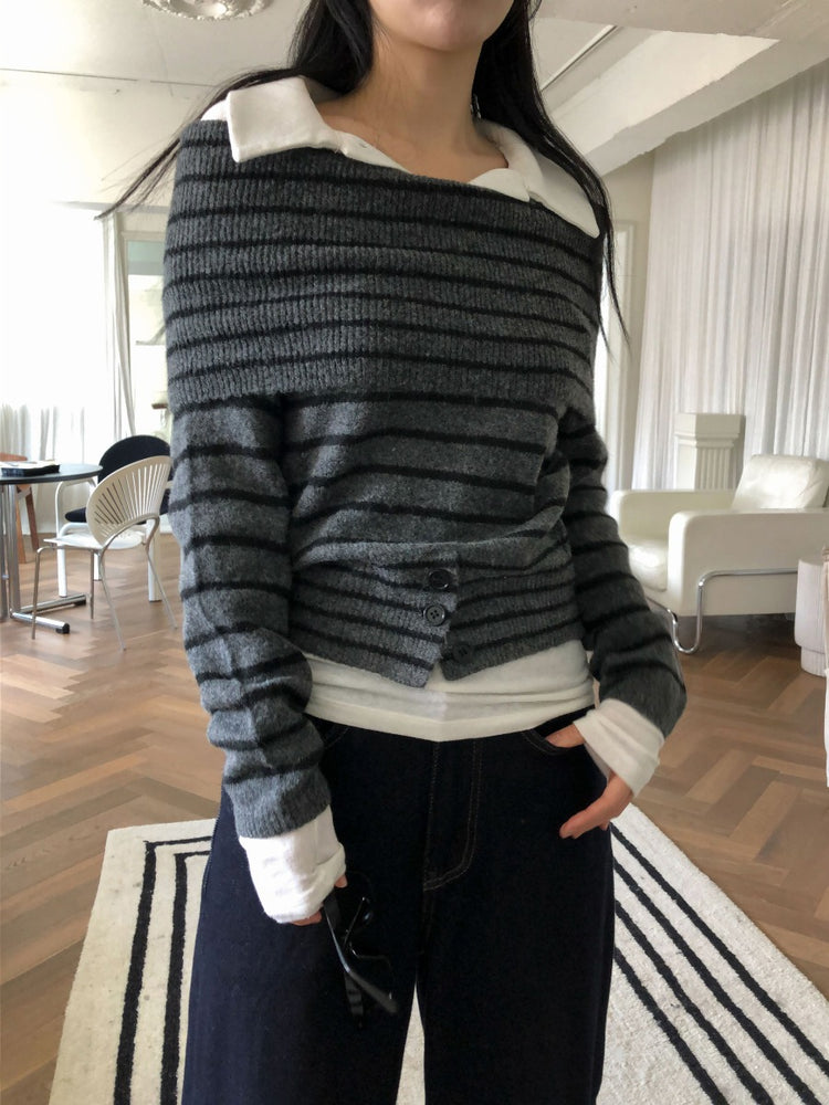 美肩下擺扣鈕細節針織上衣